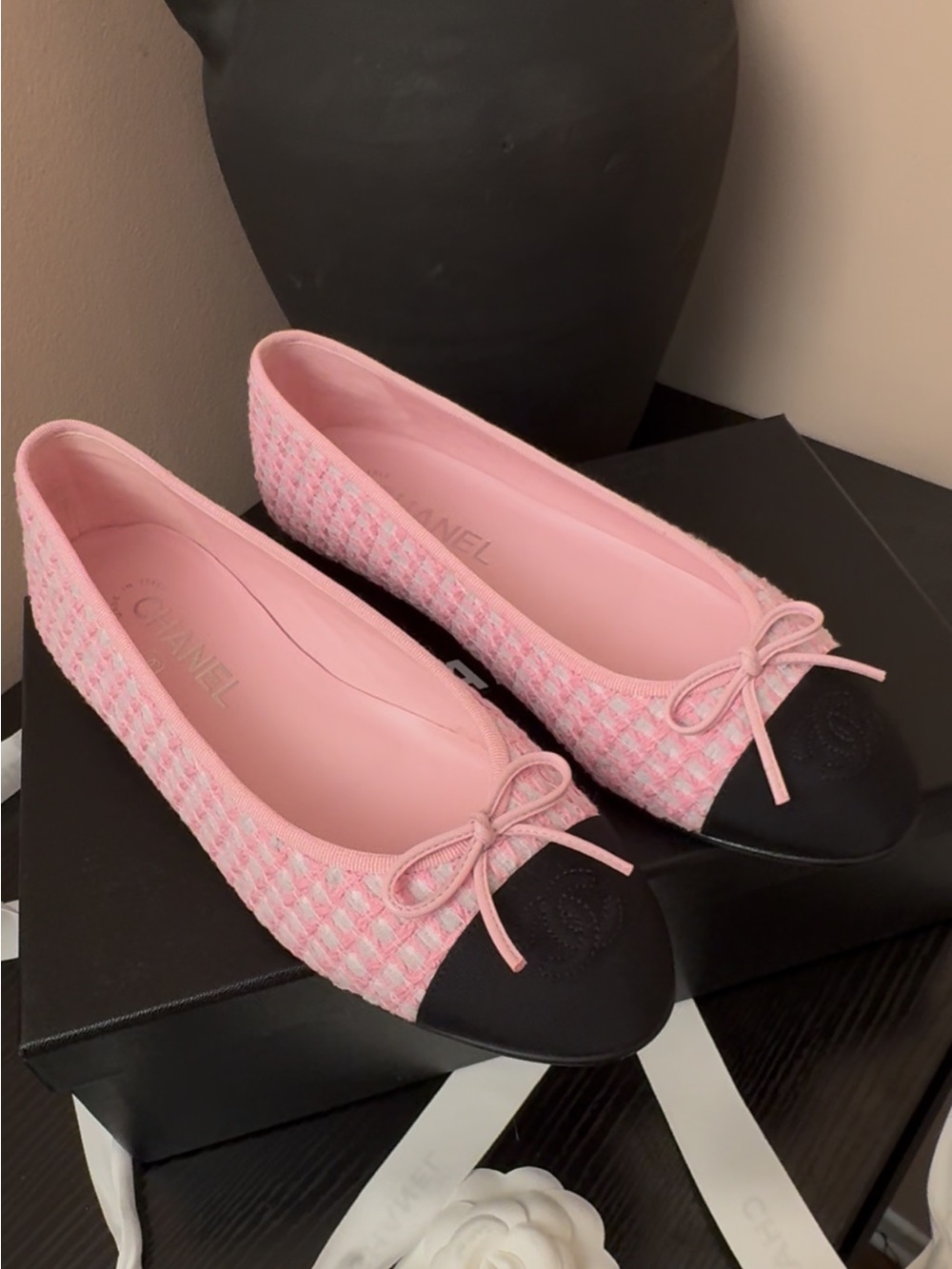 CHANEL Pink Tweed Ballet Flat with Black Cap Toe Bow - Picture 2 of 3